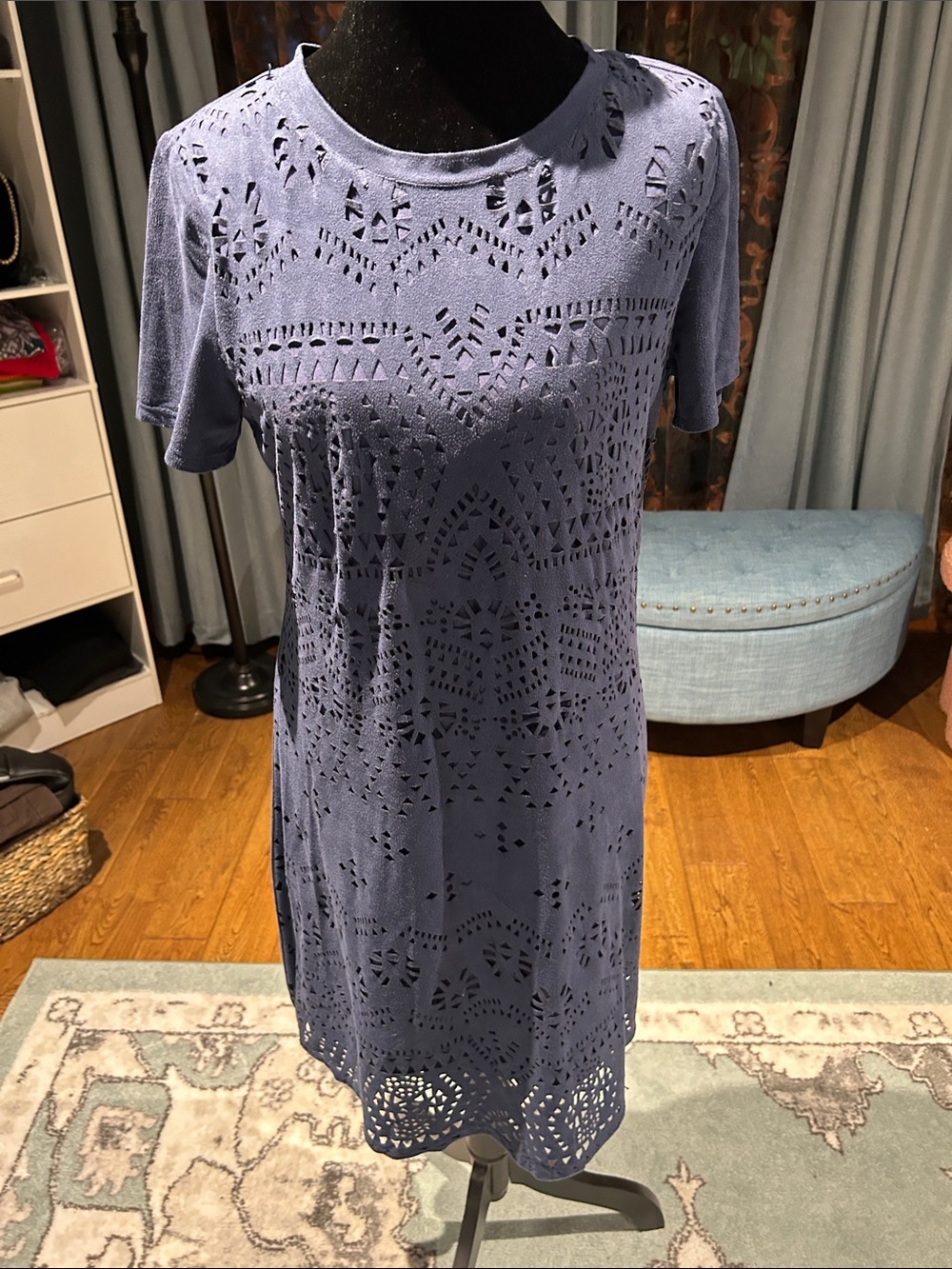 Chelsea & Violet Perforated Short Sleeve Knit Dress in Lavender Blue